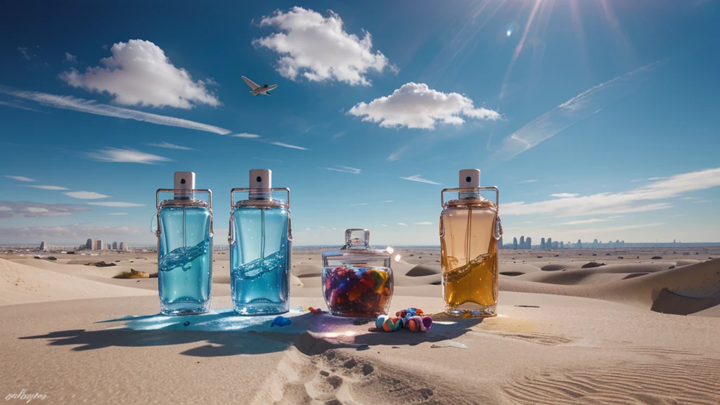 Perfume, flight, candy cloud, colorful city, luxury, bottle, creativity, weightlessness, candy, collection, ice desert,