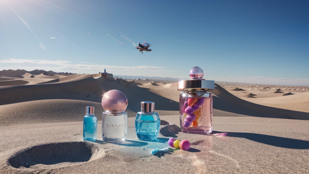 Perfume, flight, candy cloud, colorful city, luxury, bottle, creativity, weightlessness, candy, collection, ice desert,