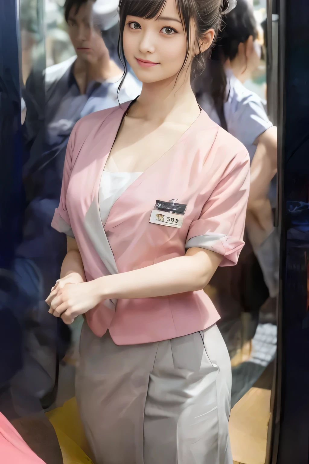 (masterpiece:1.2, Highest quality:1.2), 32K HDR, High resolution, (alone、1 girl)、 (Height: 160cm)、(On the rooftop of a building in the daytime、Professional Lighting)、Building rooftop background、(Nankai train crew uniform pinkを着たリアルスタイル)、(Nankai train crew uniform pink short sleeve collarless pink jacket、Nankai Train Crew Uniform Pink Collarless Short Sleeve Blouse、Nankai Train Crew Uniform Pink Grey Knee-length Culottes)、Dark brown hair、(Hair tied up、Hair tied up、Evening curly hairstyle)、Dark brown hair、Long Shot、Big Breasts、Thin legs、((Great hands:2.0)),((Harmonious body proportions:1.5)),((Normal limbs:2.0)),((Normal finger:2.0)),((Delicate eyes:2.0)),((Normal eyes:2.0)))、smile、(Nankai Train Crew Uniform Pink Grey Knee-length Culottesを見せた美しい歩く姿)、Place your hands around your stomach、Lanyard employee ID card