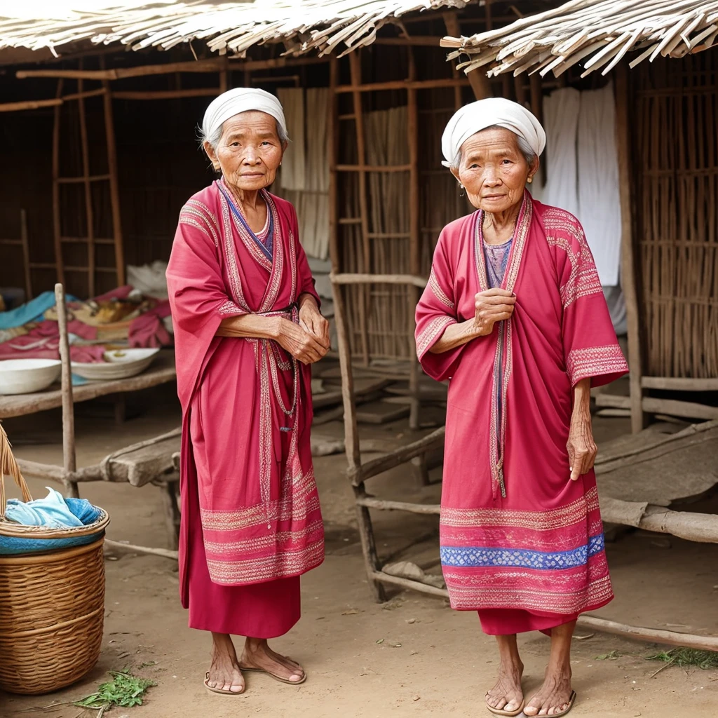 A 80 years old lady live in a thailand poor village wearing old cloth, full body