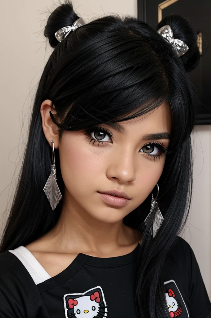Chica estilo boku no hero academia de cabello negro con mechones rubios, su cabello es largo y ondulado, es de piel palida, He has slightly long eyelashes with pointed eyeliner., la iris de sus sojos son grises, tiene labios redondos y rosas, usa un piercing en cada extremo del labio inferior, a small piercing on the left side of the nose and one on the right eyebrow, She wears a short black shirt and is in a modern room with some Hello Kitty accessories. She also wears small silver earrings in her ears. 