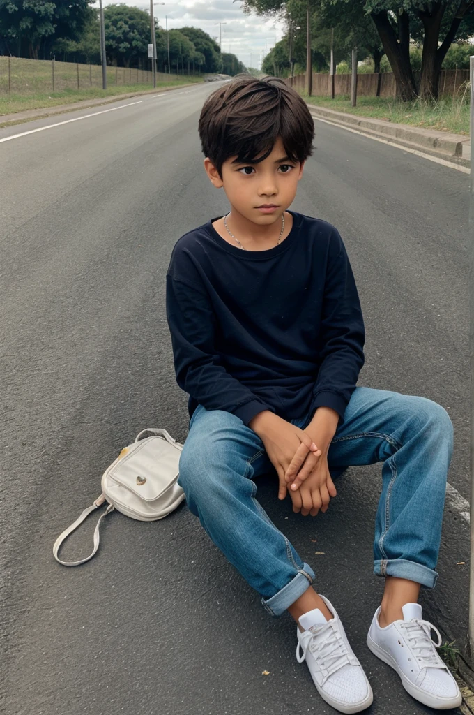 A boy sitting alone by the road