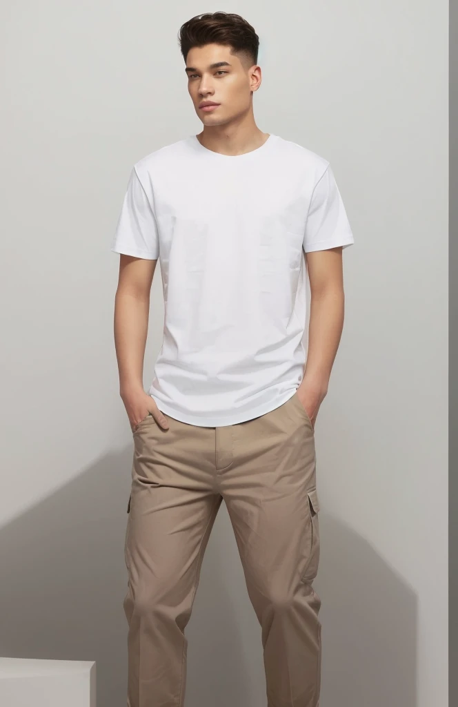 man in white shirt and khaki pants standing in front of white wall, man in White T-shirt, Official product images, Wear a white T-shirt, White T-shirt, White T-shirt, Short sleeve, dressed in a White T-shirt, Wearing pants and T-shirt, White T-shirt, modern casual clothing