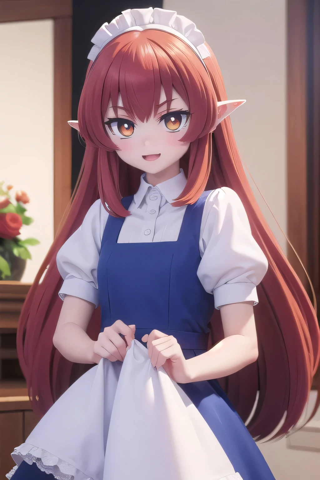 best quality, 1girl, vamirio (helck), nsfw, long hair, from behind, doggystyle, blush, smile, skirt lift, cum on body, maid uniform, lift by self, upskirt