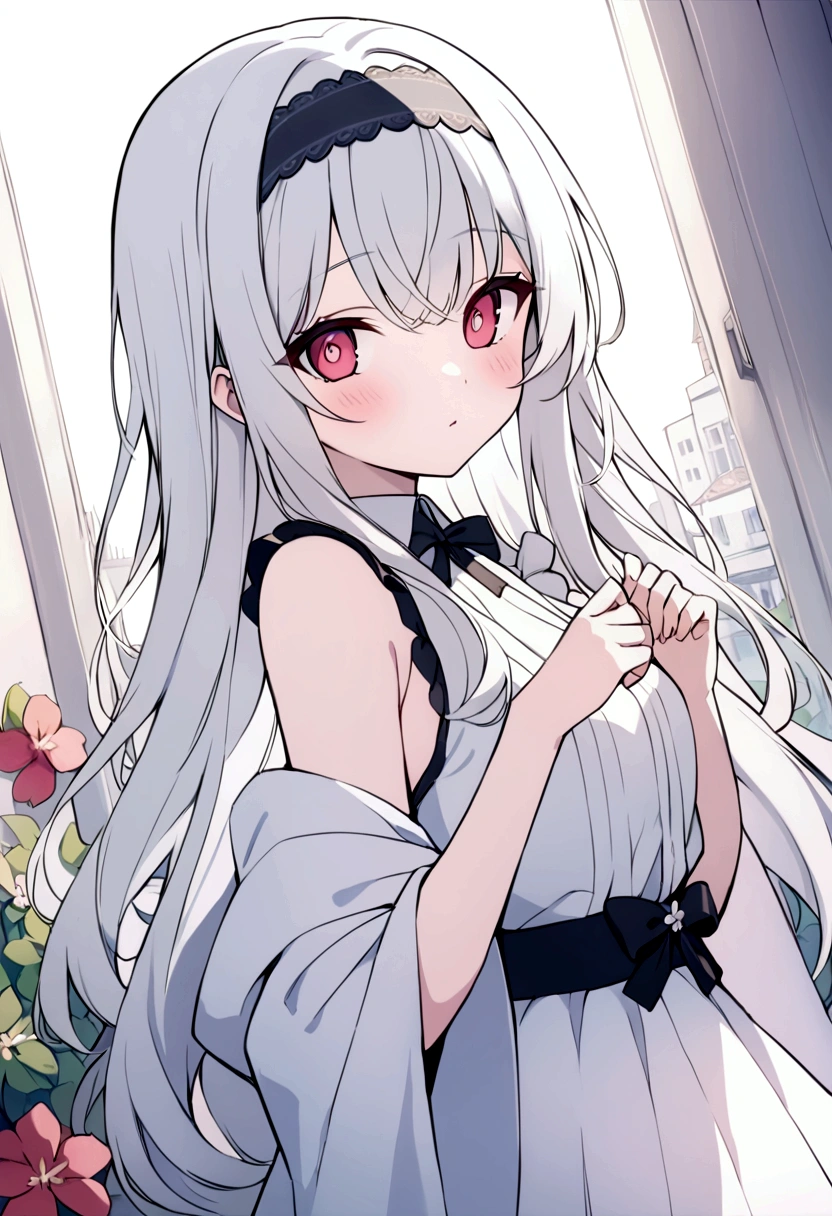 ((masterpiece, best quality))++, Detailed lighting+, Detailed hair+, Detail hand+ ,1 girl, Miss, Long hair, Crimson eyes, beautiful eyes, young white hair,,(Beautiful white hair:1.5),(Beautiful and delicate eyes), high resolution+,glass tint, Reflective eyes, {{angle}} , Very detailed wallpaper, The original, ,Sea of Flowers,Air bangs,city road,Extremely beautiful CG,Girls shopping,Headband,Gray eyelashes