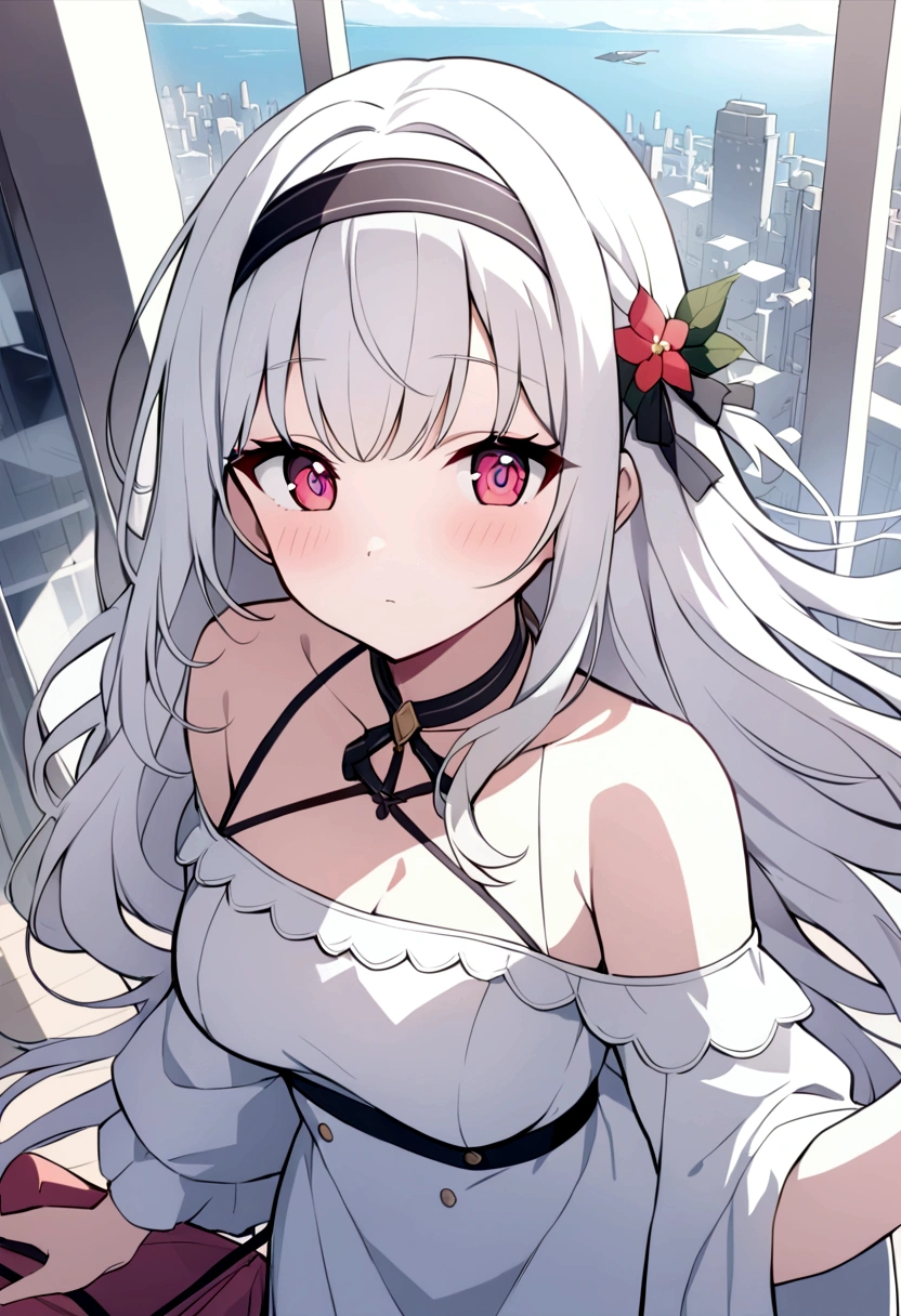 ((masterpiece, best quality))++, Detailed lighting+,  Detailed hair+, Detail hand+ ,1 girl, Miss, Long hair,   Crimson eyes,  beautiful eyes, young white hair,,(Beautiful white hair:1.5),(Beautiful and delicate eyes),  high resolution+,glass tint, Reflective eyes,   {{angle}} , Very detailed wallpaper, The original, ,Sea of Flowers，Air bangs，city road，Extremely beautiful CG，Girls shopping，Headband，Gray eyelashes
