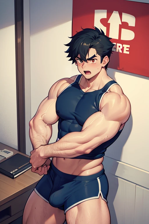 Ash Ketchum and from Pokémon flexing his biceps in a coach's office at the coach's orders under hypnosis with glowing red eyes as he grows into big dumb sweaty hairy muscular football jock bro with a flat top buzzcut haircut. Hyper muscles. Massive muscles. Big biceps. Big triceps. Big traps. Broad shoulders. Big pecs. Bulging crotch. Hyper crotch bulge. Dumber and dumber. Blank stare with open mouth while saying, "I am a dumb jock.... I obey.... Dumber and dumber.... Yes, Coach.... I'm your player, Coach. Whatever you say.... Dumb jocks must obey.... Flex, ... grow, ... and obey.... Huhuhuhuh.... Bro...." Slumped shoulders. Hypnosis. Brainwashing. Bigger and dumber jock bro. Assimilation. Transformation into big dumb muscular jock bro. Slumped shoulders. Massive crotch bulge. Bulging glutes. Thick stubble. Hairy armpits. Repeating triggers to be dumber and dumber each time he says them to think and focus only on growing muscle and being the perfect football jock. Dimwit. Dullard. Bro. Stupid. Musclehead. Mass hypnosis. Entranced.