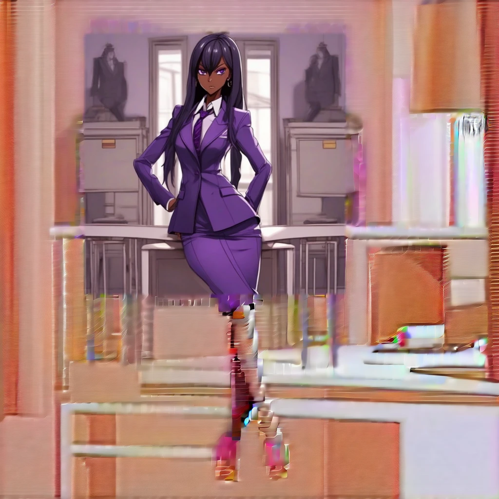 Black anime business woman in a purple skirt suit 