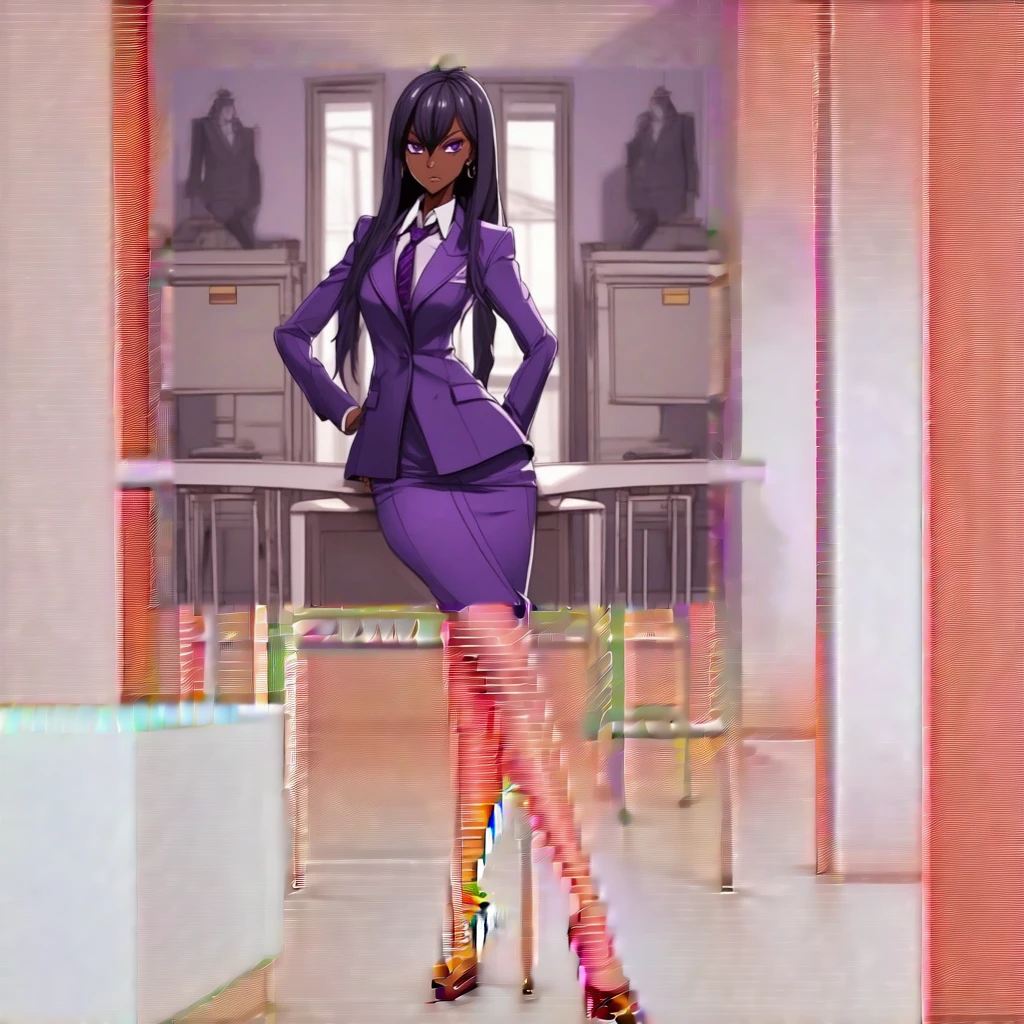 Black anime business woman in a purple skirt suit