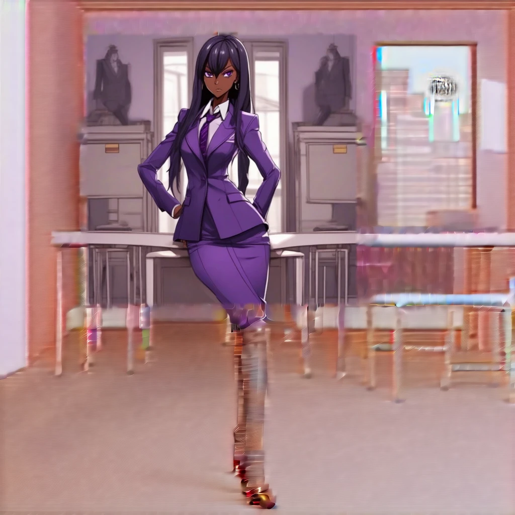 Black anime business woman in a purple skirt suit
