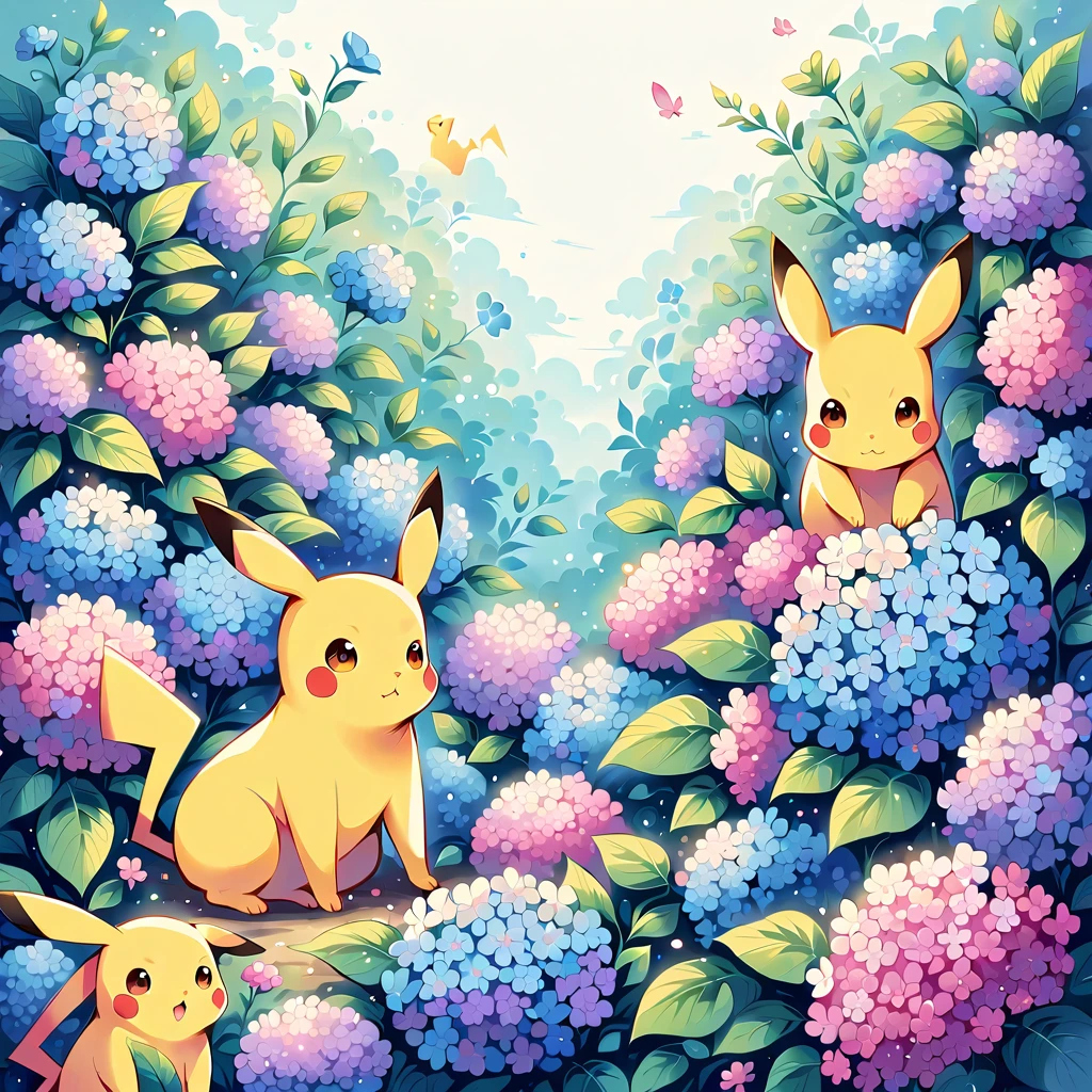"Create a cute illustration of Pikachu playing among hydrangeas. Pikachu should be surrounded by blooming hydrangea flowers in various shades of blue, pink, and purple. Include details like Pikachu smelling a flower or playing with a fallen petal. The scene should be vibrant and cheerful, capturing the beauty of hydrangeas in bloom.