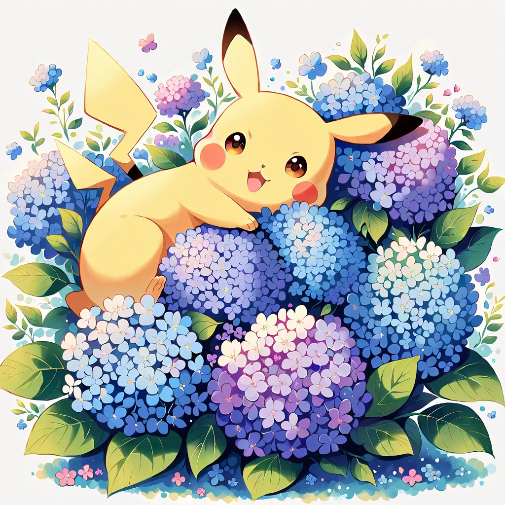 "Create a cute illustration of Pikachu playing among hydrangeas. Pikachu should be surrounded by blooming hydrangea flowers in various shades of blue, pink, and purple. Include details like Pikachu smelling a flower or playing with a fallen petal. The scene should be vibrant and cheerful, capturing the beauty of hydrangeas in bloom.