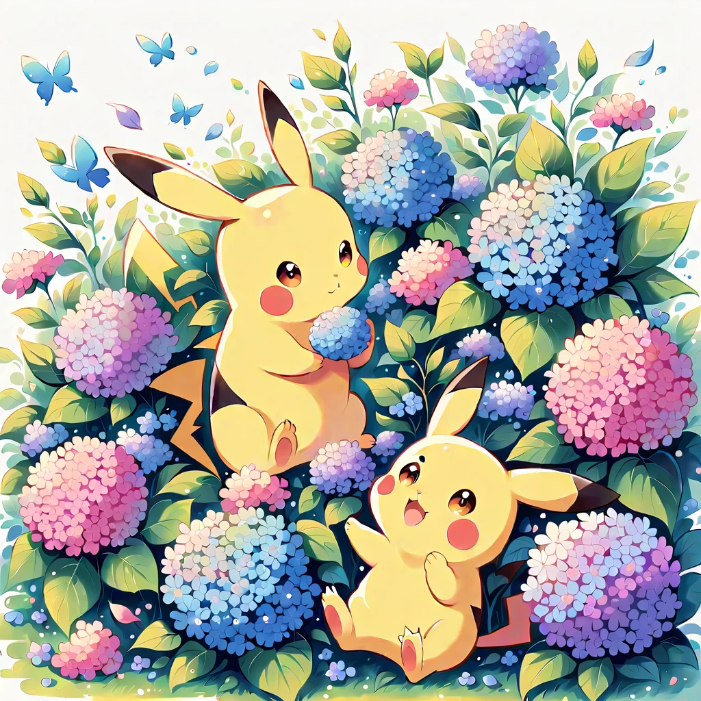 "Create a cute illustration of Pikachu playing among hydrangeas. Pikachu should be surrounded by blooming hydrangea flowers in various shades of blue, pink, and purple. Include details like Pikachu smelling a flower or playing with a fallen petal. The scene should be vibrant and cheerful, capturing the beauty of hydrangeas in bloom.