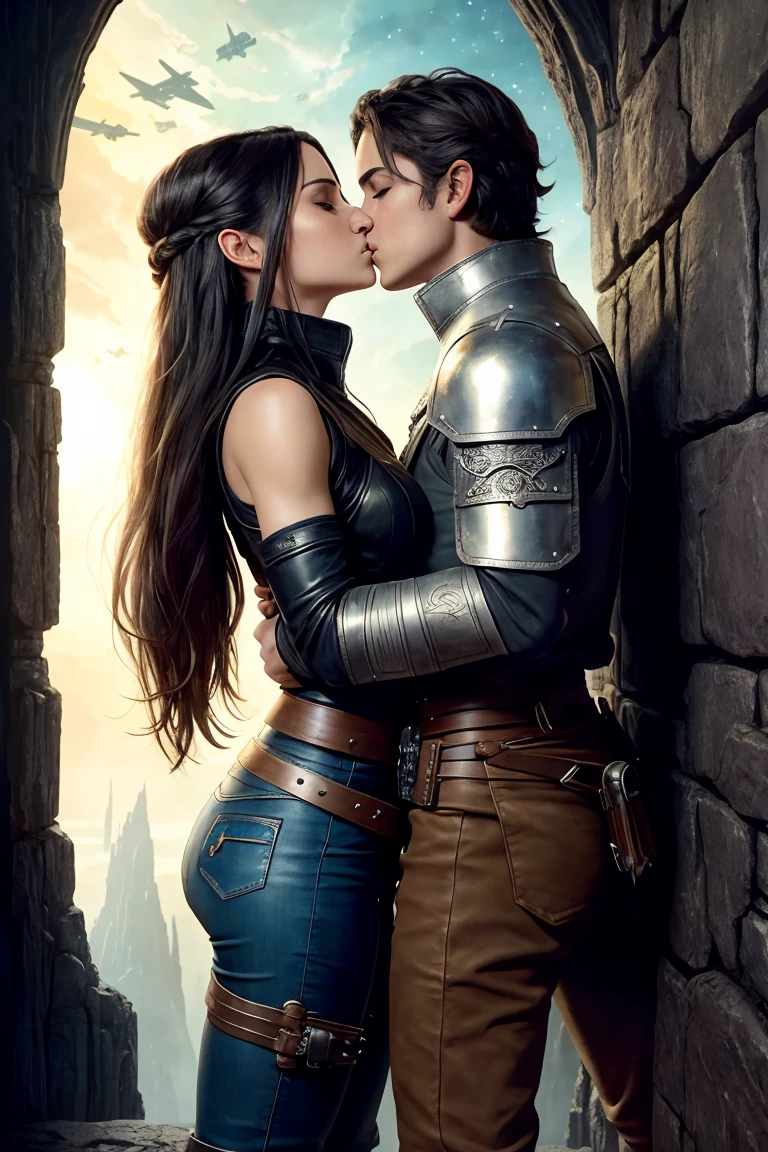 masterpiece. detailed epic fantasy oil painting. 4k. dark ambient. A beautiful two twins Rey Skywalker. sparkly brown eyes. athletic. silver belt, boots. stylish leather costume, ripped latex jeans. tactical boots. summer heat. leaning on wall in spaceship. . intricate spaceship interior, maze, Beksinski, Luis Royo style. Background her twin sister. hug, gently looking at each other. cute kiss on cheek. corresponded kiss on cheek.