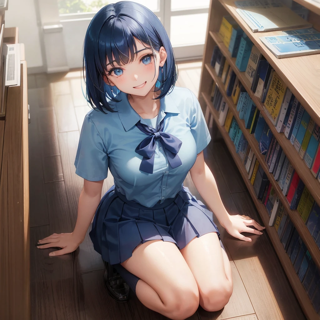 1. High school girl　17-year-old female　Bobcut　dark blue hair color　High School Uniform　Light blue Y-shirt　Short sleeve　Blue Ribbon　dark blue hair color　Slim figure　Large Breasts　Full body portrait　学校のlibrary　Smiling Kindly　Cheerful expression　library　Hand Signs　Squat　Kneel　Look up here　