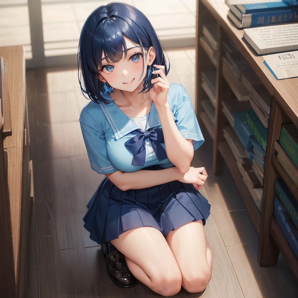 1. High school girl　17-year-old female　Bobcut　dark blue hair color　High School Uniform　Light blue Y-shirt　Short sleeve　Blue Ribbon　dark blue hair color　Slim figure　Large Breasts　Full body portrait　学校のlibrary　Smiling Kindly　Cheerful expression　library　Hand Signs　Squat　Kneel　Look up here　