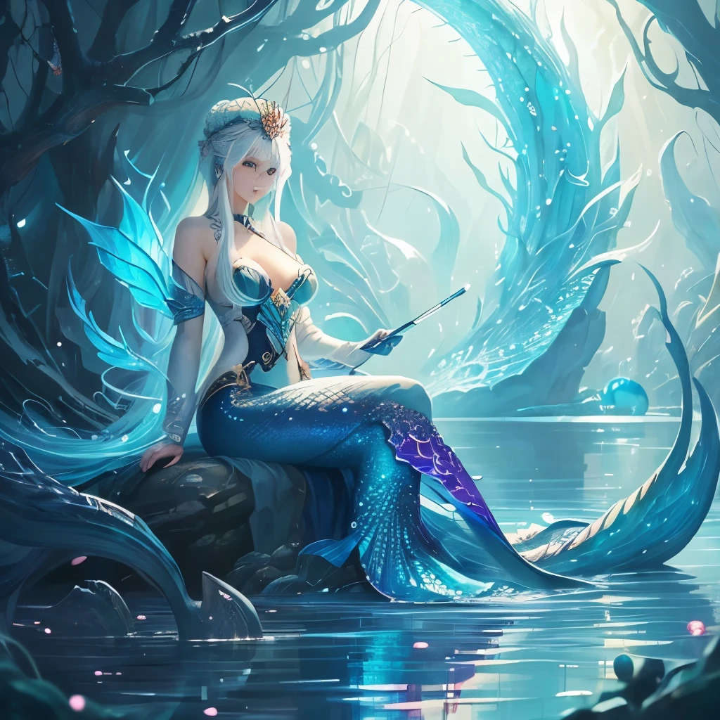 a close up of a woman sitting in a body of water, a detailed painting by Yang J, pixiv, fantasy art, fine details. anime. tentacles, white haired deity, beautiful mermaid, beautiful depiction, iridescent scales on her body, beautiful fantasy anime, ”beautiful anime woman, ((a beautiful fantasy empress)), lamia, beautiful illustration