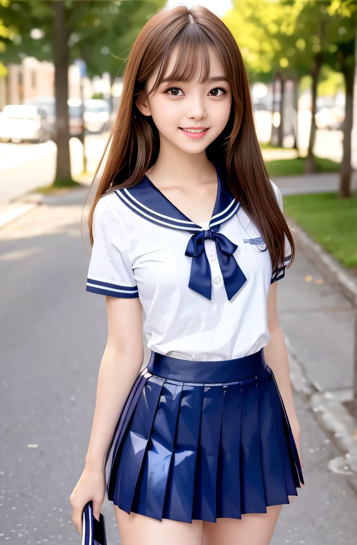 Angelic Very beautiful cute young girl, Beautiful detailed eyes ,
Detailed double eyelids,
(Large eyes:1.3),
Long straight brown hair,
see-through bangs,
beautiful detailed face and eyes,
small straight nose,
small mouth,
smiling,
BREAK (super shiny dark blue sailor high school uniform:1.3),(super shiny dark blue pleated skirt :1.3), (dark blue sailor collar high school uniform),(smiling:1.3)
Walking,
Costume lighting,
In the street ,
(Brown hair:1.2)