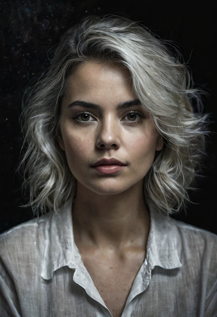 Retrato de mujer blanco muy serio con fondo obscuro, imagen hiper realista 