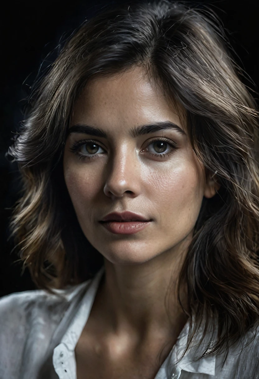 Retrato de mujer blanco muy serio con fondo obscuro, imagen hiper realista