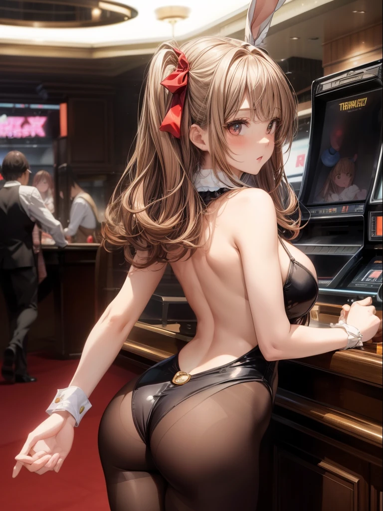 Highest quality、Complete limbs、Full Finger、One Girl、((Beautiful woman、solo))、Beautiful big breastedium Hair、Straight Hair、Redhead、Bunny girl、(レッドBunny girlレオタード)、(brown hair pantyhose)、Red bow tie、赤いBunny girl カチューシャ、casino、roulette、Pokies、Trump、standing、Rear View、Rear view、Lower body naked、Big Butt