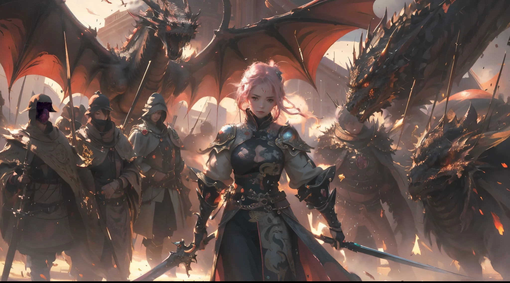 (masterpiece), (best quality), (ultra-detailed), (best illustration), (best shadow), (absurdres), Female, 25 years old, pink hair, serious, glow red eyes, Dragon,