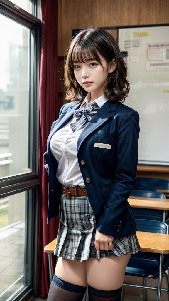 masterpiece, best quality, illustration, Super detailed, fine details, High resolution, 8K,wall paper, perfect dynamic composition,(Details High quality, realistic depiction of eyes:1.3), from side, High School Classroom、High school girl uniform、blazer 、Super Short Check Uniform Skirt、Navy blue high socks、garterbelts、Colossal tits、Disturbed uniform, short hair, (wavy hair:1.2), short bob hair, black hair color, large breasts, Big Natural Color Lip, acrobatic pose, perfect body shape, crying a little、Harajuku style、20 year old girl、cute type, beautiful legs, hposing Gravure Idol, Voluptuous thighs