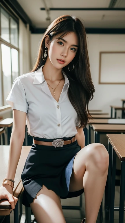 ((8k, high resolution,Masterpiece, best quality, alone, complicated details, Chromatic aberration), realistic, ((Big chests)), ((chest)), ((chest)), (chestหย่อนคล้อย.), hair in one eye, big round hoop earrings, Diamond choker, Gold Necklace, silver necklace, small watch, bangle, bracelet, bangleข้อเท้า, waist necklace, (symmetrical eyes),(Perfect symmetrical body), (Photo of a beautiful age girl in her 20s.), Beautiful and charming with contemporary fashion paintings as well...., looking at the audience, ((Behind the scenes of a large classroom)), (black short skirt), (((blue jacket., ((white short sleeve shirt, เปิดchest, โชว์chestของคุณ.), (open your shirt.), )), (เปิดchest), (chestหย่อนคล้อย.))), (()), (Long square leather belt buckle), ((Put your hands down.)), (Bob, medium length hair,big curls, Side flatness, blonde blonde hair, (There is a thin layer of hair covering the face....)), sharp eyeliner, eyelid, Blush, have thick eyelashes, sharp eyes, purple eyes, pink cheeks, Very delicate and beautiful, round chin, Sharp focus, elegant, (sitting on the table reading a book..), (Sit with your legs apart.., free feet, Show off faded underwear), (), (Close-up full body photo, Saw black stilettos..)