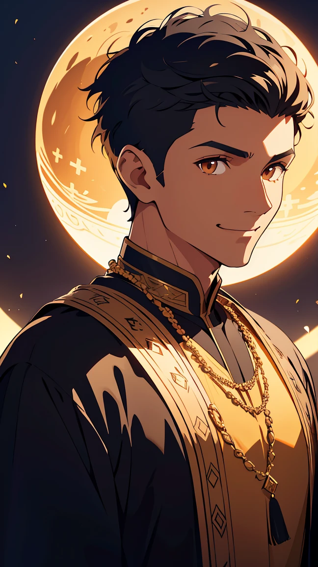 Arabic,man1,(black skin),round face,brown eyes,black hair,(fade haircut,smile),(black Arabic costume for man),highly detailed CG, unit, 8K wallpapers, highest quality, high resolution, beautiful lighting, realistic shadow,detailed face Highly,detailed eyes Highly,detailed hair Highly