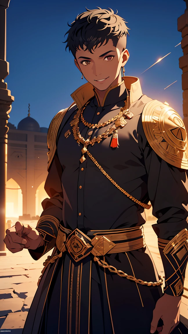 Arabic,man1,(black skin),round face,brown eyes,black hair,(fade haircut,smile),(black Arabic costume for man),highly detailed CG, unit, 8K wallpapers, highest quality, high resolution, beautiful lighting, realistic shadow,detailed face Highly,detailed eyes Highly,detailed hair Highly