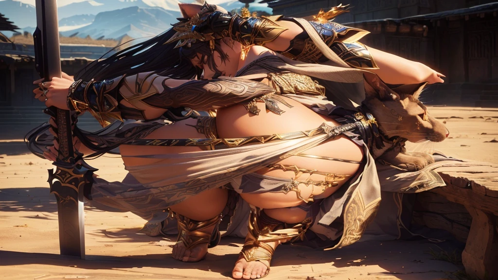 a woman in a costume with a cat ears and a sword, extremely detailed goddess shot, goddess. extremely high detail, hyperdetailed fantasy character, unreal engine render + a goddess, cinematic goddess body shot, a very beautiful berserker woman, highly detailed character, highly detailed and colored, full body close-up shot, wearing loincloth, african goddess, african culture, dark skin, black girl, african