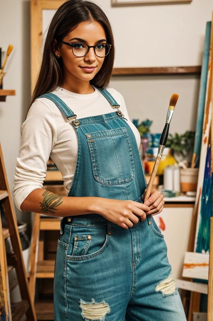 Gorgeous artsy woman in overalls beautiful long flowing thick natural hair, holding paint brushes properly and an a palette for painting, jewelry, tattoos, indie punk aesthetic, beautiful athletic body, hips, lovely lively expressive eyes, painting in an art studio in autumn, lovely colorful lighting, Cheery atmosphere, flirty, freckles, gorgeous Latina face, very tan skin, incredible detail to texture, in love, green eyes, lots of color, photorealistic, masterpiece, absolute babe,
Colorful outfit, patterns, glasses