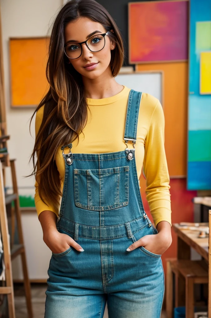 Gorgeous artsy woman in overalls beautiful long flowing thick natural hair, holding paint brushes properly and an a palette for painting, jewelry, tattoos, indie punk aesthetic, beautiful athletic body, hips, lovely lively expressive eyes, painting in an art studio in autumn, lovely colorful lighting, Cheery atmosphere, flirty, freckles, gorgeous Latina face, very tan skin, incredible detail to texture, in love, green eyes, lots of color, photorealistic, masterpiece, absolute babe, 
Colorful outfit, patterns, glasses