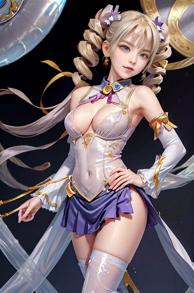 Highest quality Masterpiece 8K Super fine Beautiful Face 1girl Realistic Two Arms Five Fingers Two Legs ((Super Drill Twintails)) Platinum Blonde Hair Body Plump 18-year-old Shiny skin Slit eyes Thick makeup in Chinese style Narrow eyes Long eyelashes Cao Cao Warlene Awkward gaze An inappropriate smile Leather sleeveless outerwear Transparent white lace inner Purple hair ribbon decorated with a gold skull slender ((Super big breasts:1.6)) Are standing Looking at this Hands on hips Koihime Musou Ultra mini skirt