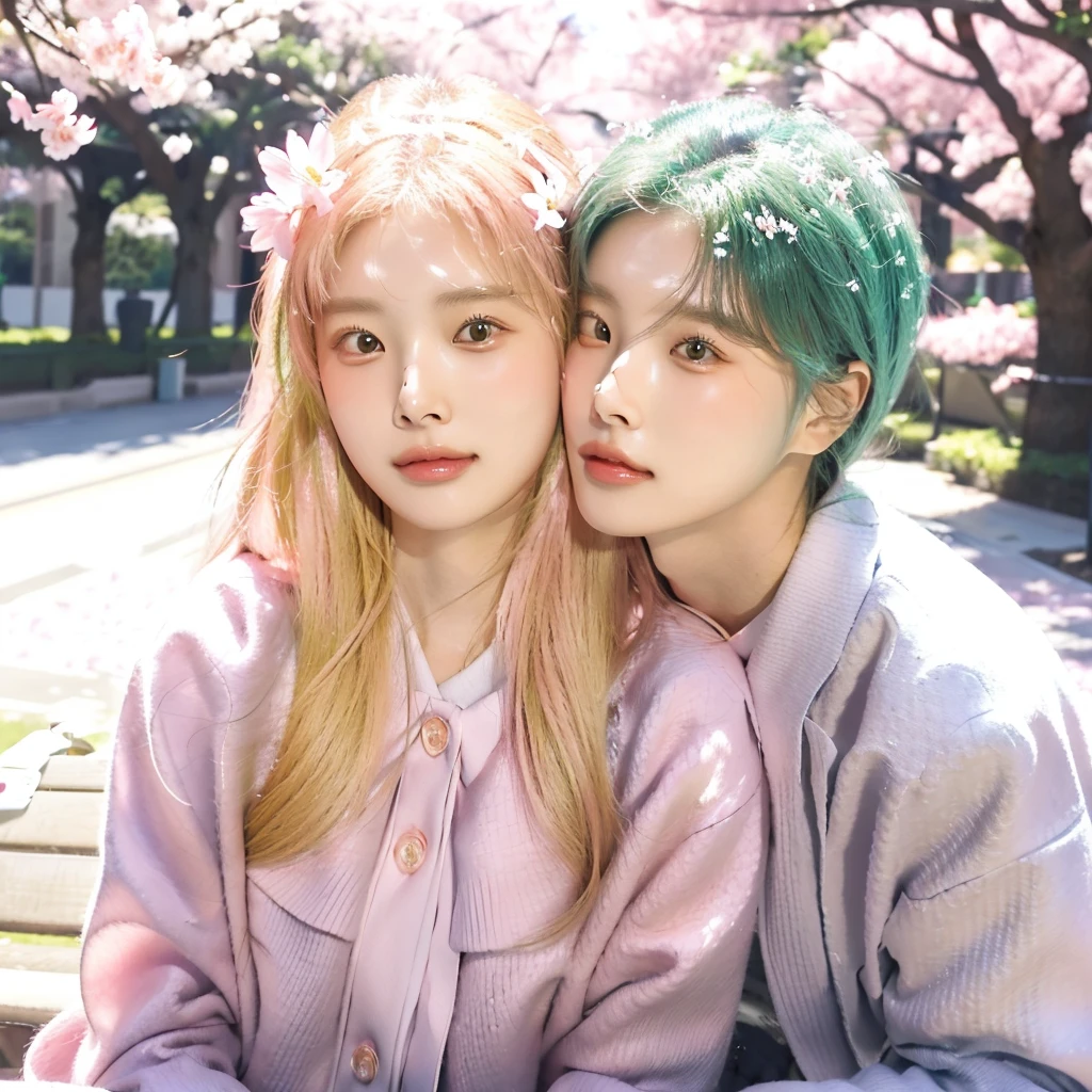 They are sitting on a bench under a tree with pink flowers, Spring day, hyewon y jeno,