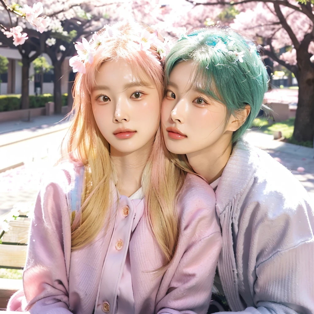 They are sitting on a bench under a tree with pink flowers, Spring day, hyewon y jeno,