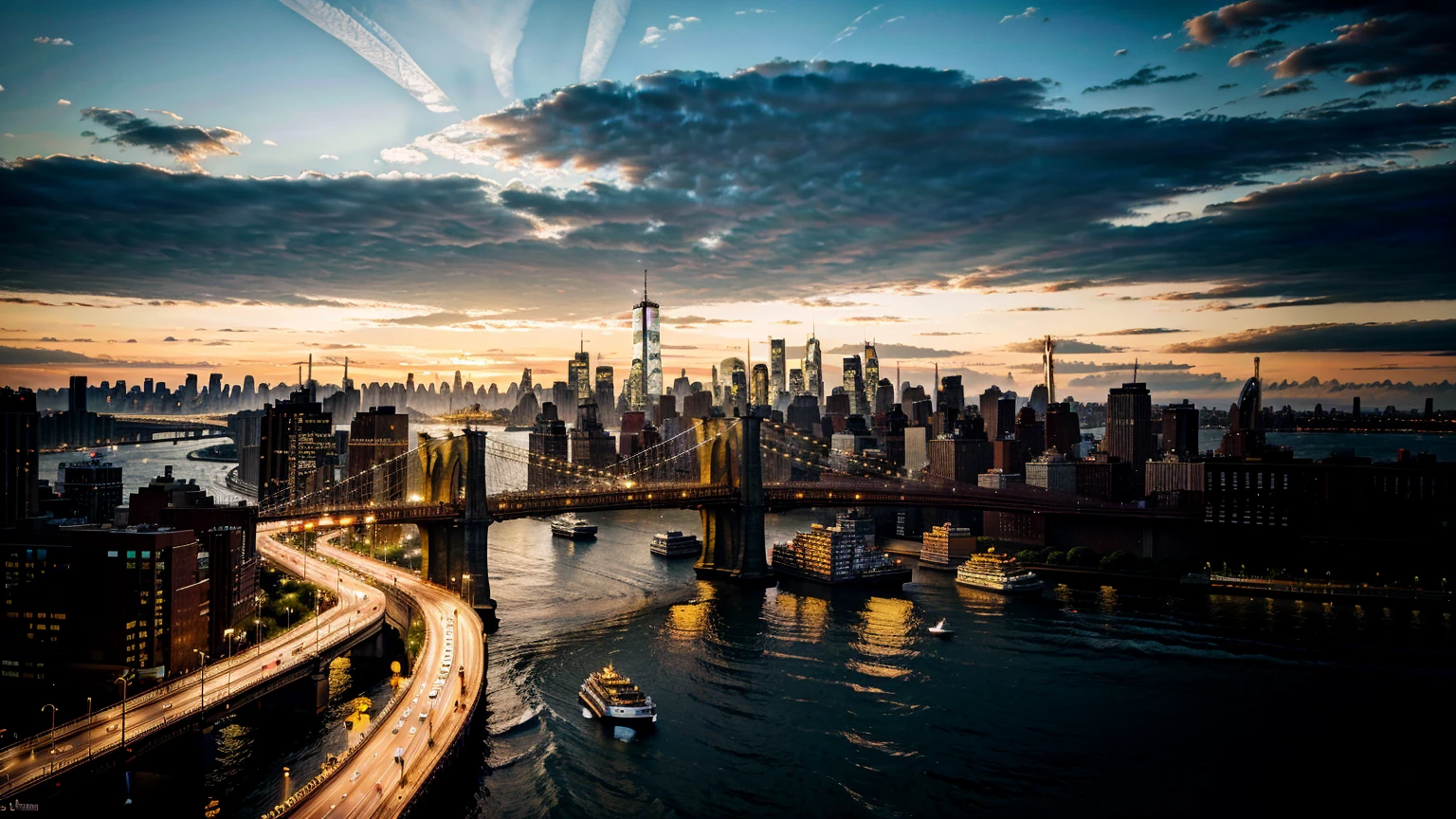 New York City, Brooklyn Bridge, East River, Midtown Manhattan skyline, yellow taxis, city buildings, skyscrapers, heavy traffic, asphalt road, (best quality, 8K, high resolution ,Artwork:1.2),ultra-detailed,(realistic,photorealistic,photo-realistic:1.37),Cinematic lighting,cinematic composition,vibrant colors,dramatic shadows,intricate details,architectural elements,cityscape,urban scene