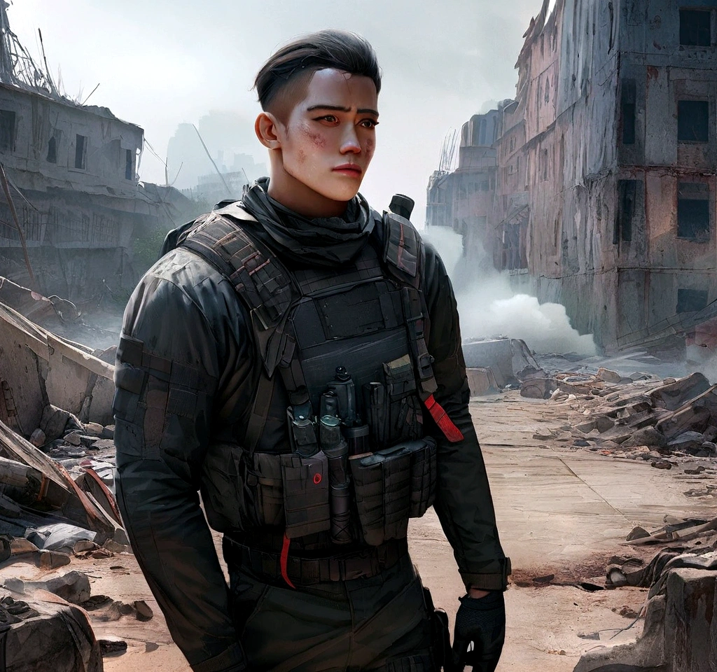 A winning soldier after the battle, black tactical clothing and face cloth, bravo e abilidoso, devastated scenery in the background, smoke Black and red, ultra realista 