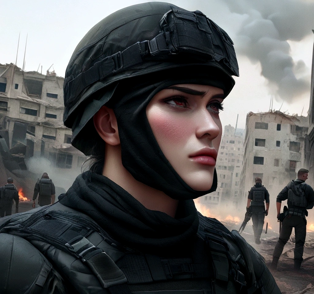 A winning soldier after the battle, black tactical clothing and face cloth, bravo e abilidoso, devastated scenery in the background, smoke Black and red, ultra realista 