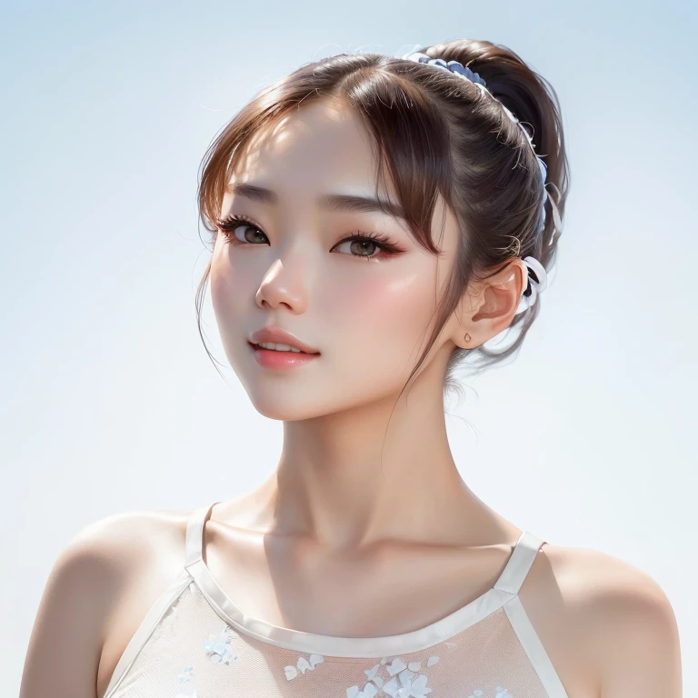 Wearing a white top、Asian woman with ponytail, Young and cute Korean face, Portrait of a Korean female idol, Beautiful young Korean woman, Young and beautiful Korean woman, Beautiful Korean woman, Korean facial features, Korean Girl, Young cute pale Asian face, Soft portrait shots 8 k, yanjun chengt, korean symmetrical face, Popular Korean makeup,The scenery is surrounded by a sea of hydrangeas.,Smile,short hair