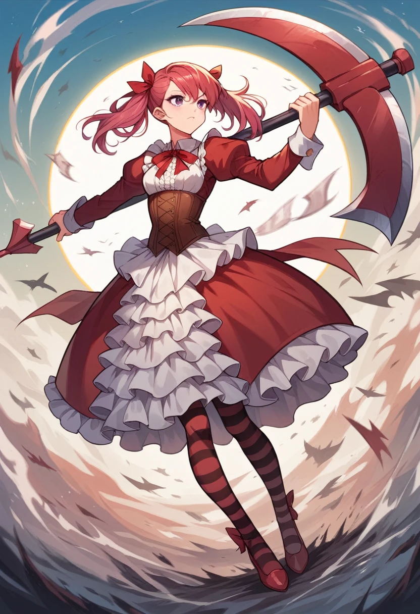 Linear,One girl,alone,Short Twin Tails,Hair between the eyes,Pink Hair,Medium Hair,Devil horns,Dark red hair ribbon,Pointed Ears,Purple eyes,
Ruffled shirt collar,Dark red choker,White frill shirt,Juliet Sleeve,Long sleeve,Dark red neck ribbon,Dark red dress,White ruffle dress,White layered dress,Brown corset,Striped pantyhose,
Mary Jane,Outdoor,Battle Axe,Has an axe, Amazing visuals, High resolution,masterpiece,Highest quality,Amazing visuals,High resolution,masterpiece,Highest quality,18-year-old,young woman,Beautiful fingers,Beautiful long legs,Beautiful body,Beautiful character design,