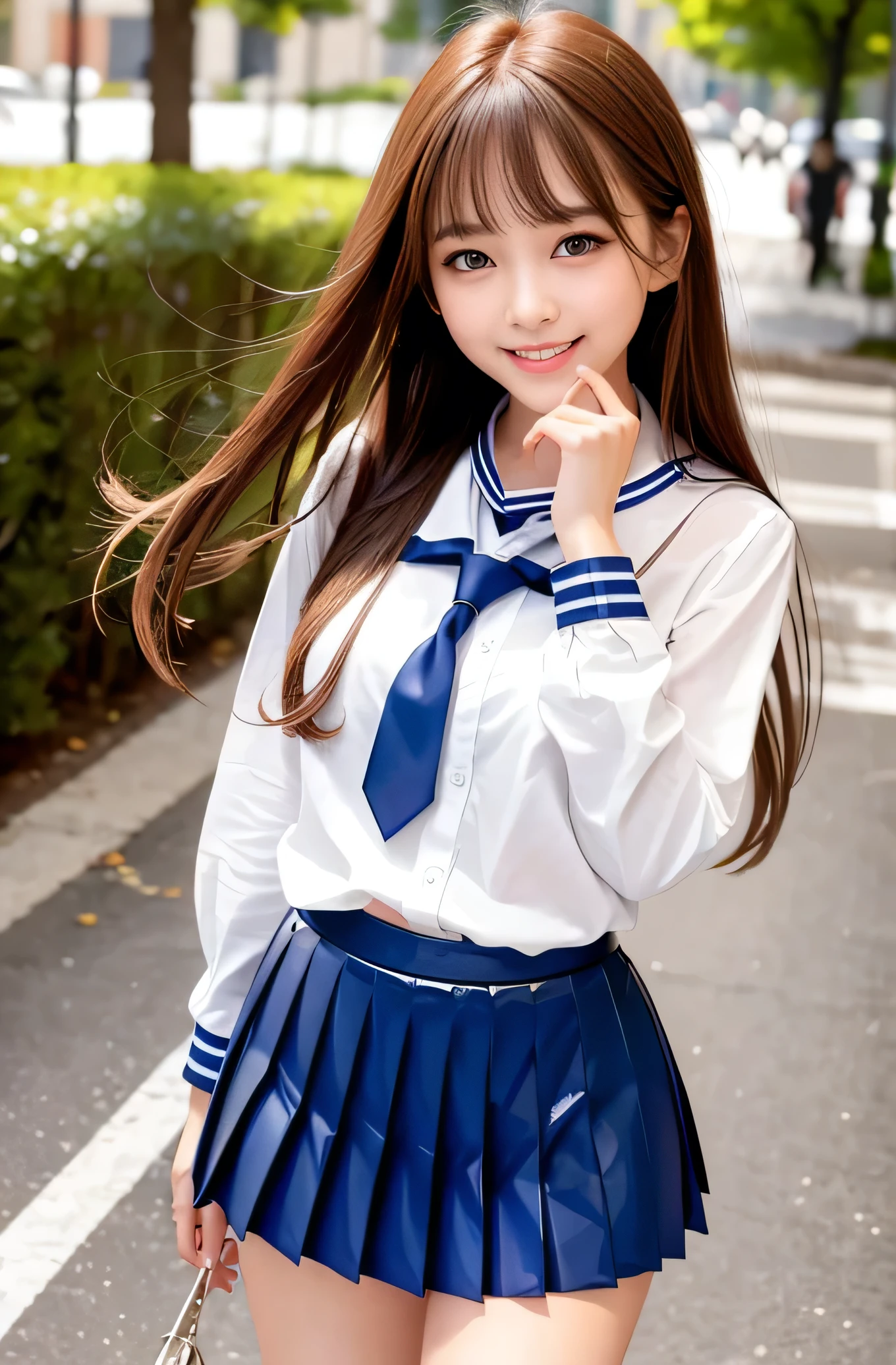 Angelic Very beautiful cute young girl, Beautiful detailed eyes ,
Detailed double eyelids,
(Large eyes:1.3),
Long straight brown hair,
see-through bangs,
beautiful detailed face and eyes,
small straight nose,
small mouth,
smiling,
BREAK (super shiny dark blue sailor high school uniform:1.3),(super shiny dark blue pleated skirt :1.3), (dark blue sailor collar high school uniform),(smiling:1.3)
Walking,
Costume lighting,
In the street ,
(Brown hair:1.2)
