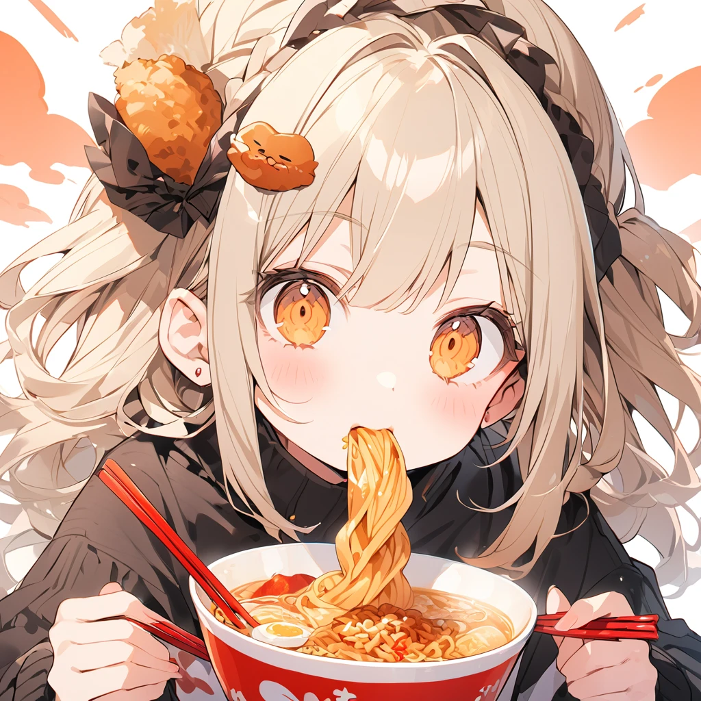A with a slurping ramen. Fried chicken hair ornament is delicious