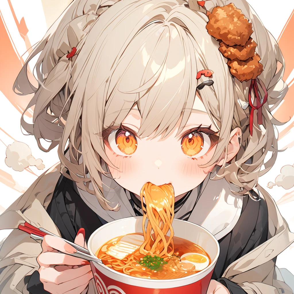 A with a  slurping ramen. Fried chicken hair ornament is delicious