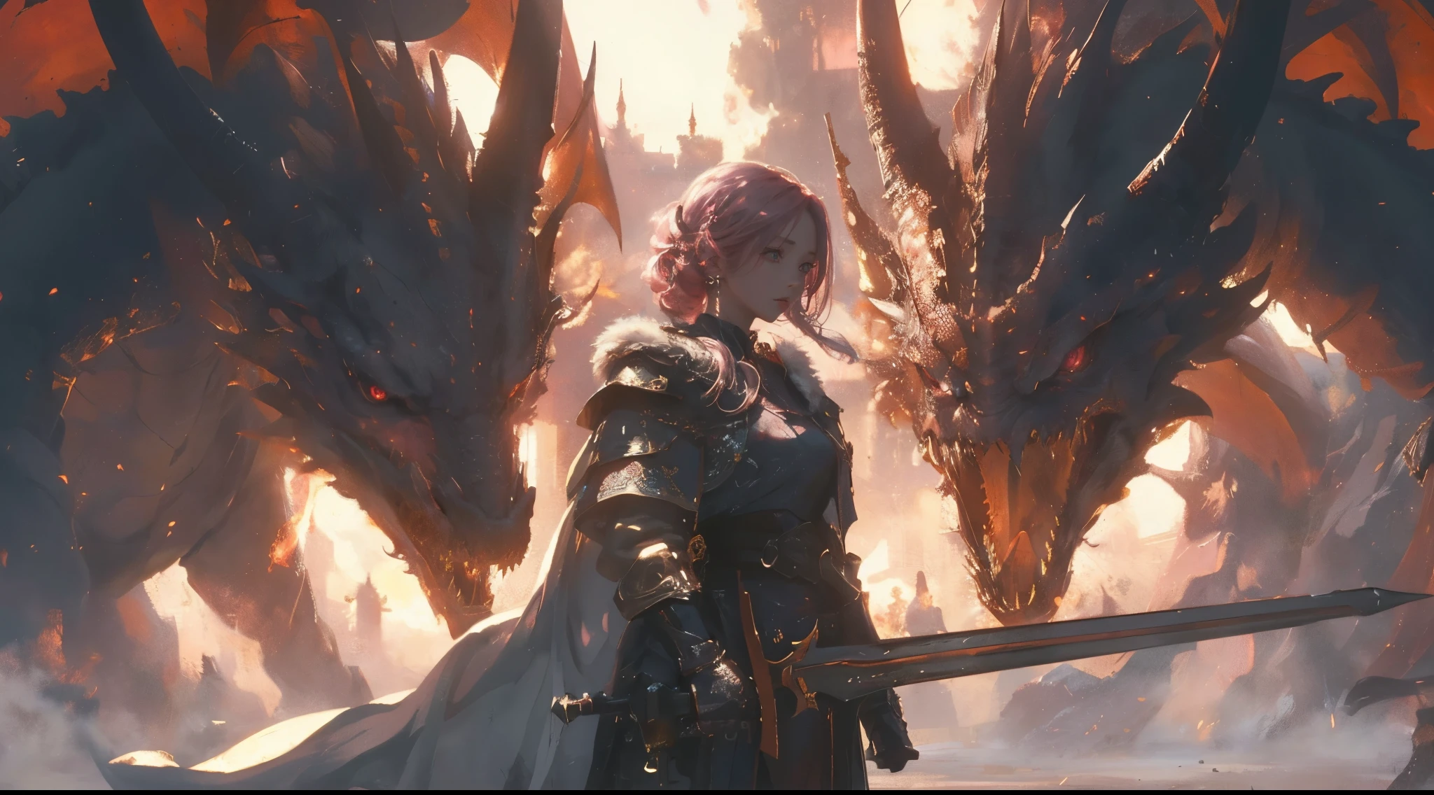 (masterpiece), (best quality), (ultra-detailed), (best illustration), (best shadow), (absurdres), Female, 25 years old, pink hair, serious, glow red eyes, Dragon,