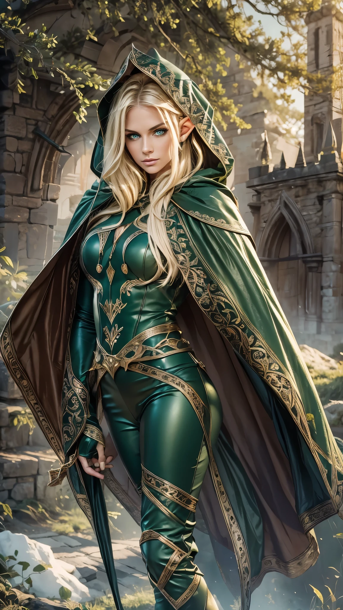 medieval setting, full view of body, (detailed elf ear, 1 woman, elven featured face, beautiful green eyes, blonde hair), leather armor, black leather pants, leather hooded cape, 