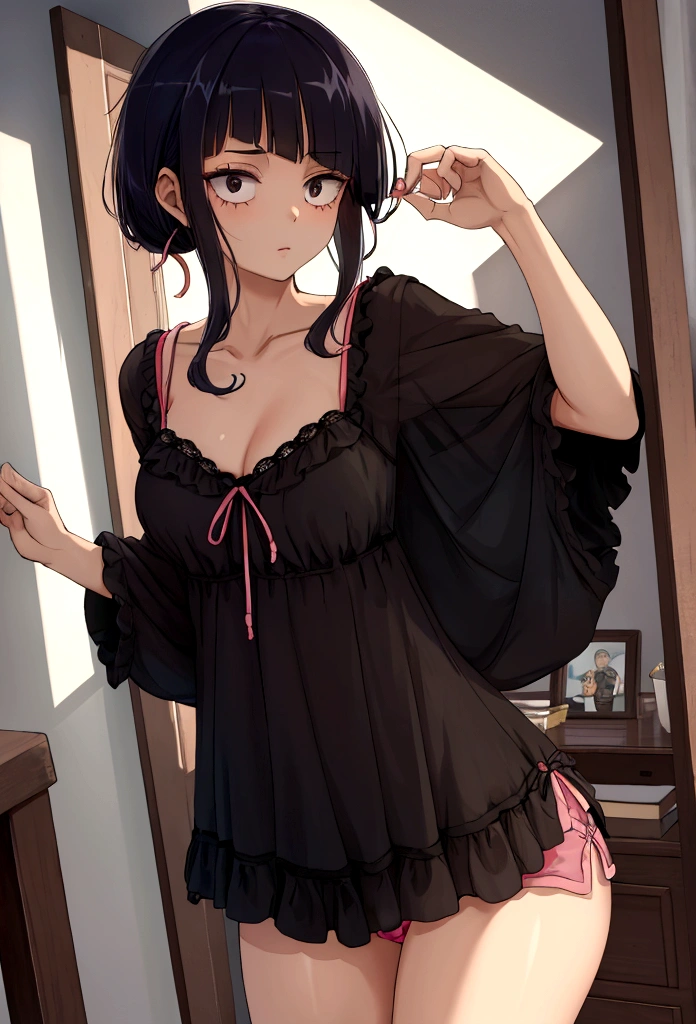 Hermosa chica despertando a tu lado, disheveled and wearing pajamas with a black nightgown and mini shorts.