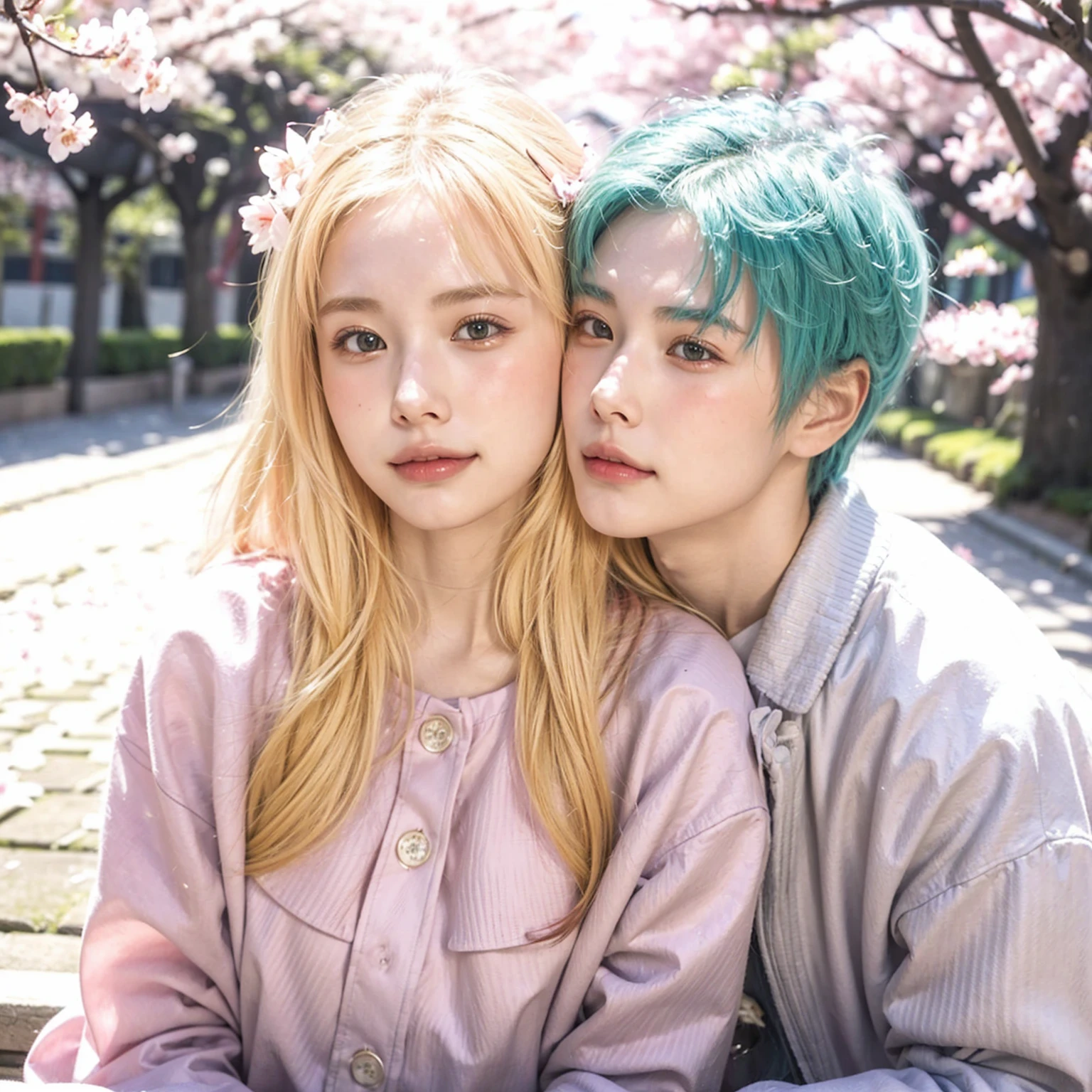 The image is an illustration of a couple under cherry blossom trees. El personaje fe****** tiene una larga melena rubia y ojos verdes brillantes. Smiles and rests his head on the chest of the male character. She is wearing a light pink shirt and cherry blossom petals surround her.. The male character has teal hair and is taller. He has a friendly expression and is wearing a dark jacket. The background shows cherry blossoms with pink petals, creating a serene and romantic atmosphere.