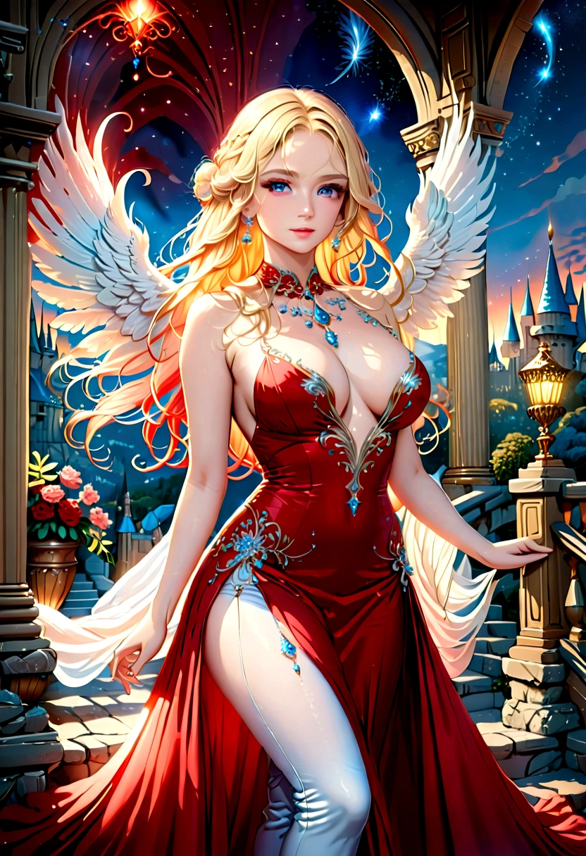 Arafed, a picture of a female angel in high society prom event, divine beautiful female angel, blond hair, long hair, flowing hair, the hair glows in a soft light, cerulean eyes, deep light eyes, divine beautiful face, (spread white feather wings: 1.1), she wears a ((red evening dress: 1.2)), elegant, intricate detailed dress, silk dress, small cleavage, some crystals on the dress, she wears elegant knee high heeled boots, exquisite high heeled boots, she stands on the porch of a fantasy castle, dynamic angle, soft torch light, (Masterpiece: 1.5), 16k, highres, best quality, high details, ultra detailed, masterpiece, best quality, (extremely detailed), AngelStyle, GlowingRunesAI_paleblue, angel_wings, Angel
