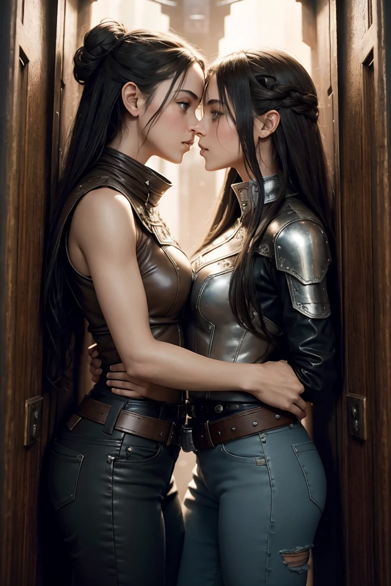 masterpiece. detailed epic fantasy oil painting. 4k. dark ambient. A beautiful two twins Rey Skywalker. sparkly brown eyes. athletic. silver belt, boots. stylish leather costume, ripped latex jeans. tactical boots. summer heat. leaning on wall in spaceship. . intricate spaceship interior, maze, Beksinski, Luis Royo style. Background her twin sister. hug, gently looking at each other. cute kiss on cheek. corresponded kiss on cheek.